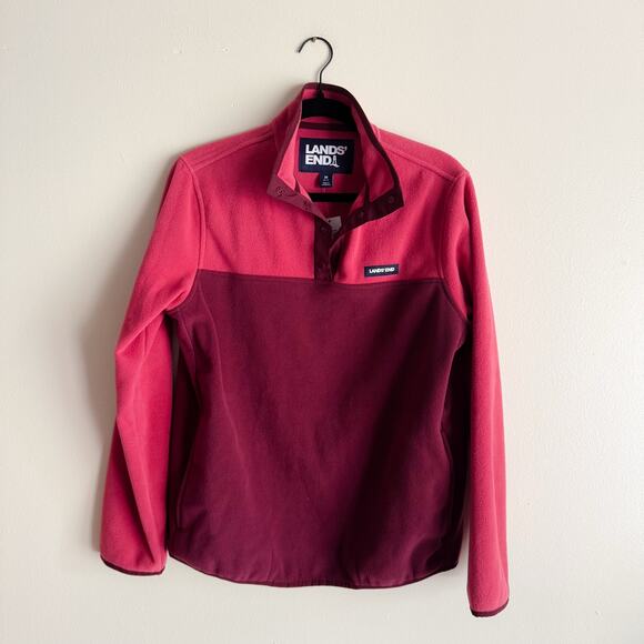Lands' End Pink + Magneta Colorblock Snap Neck Heritage Fleece Pullover Medium - Picture 8 of 9